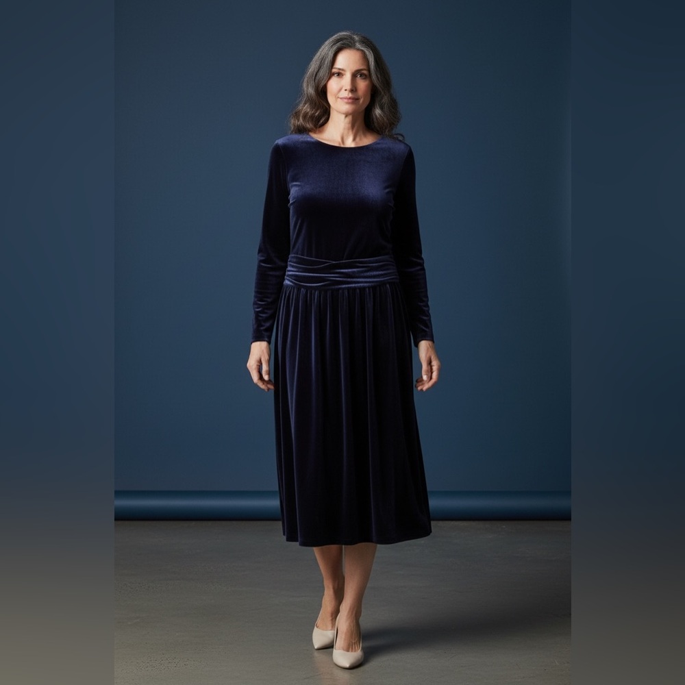 Boden Lois Velvet‎ Midi Dress- Long Sleeve, Navy Blue, size 14
